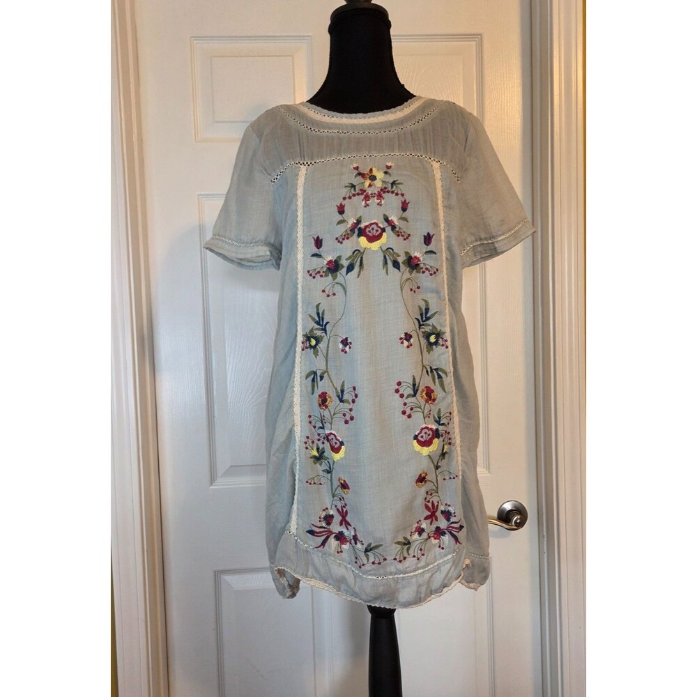 Umgee Floral Embroidered Sage Green Cottagecore Cotton Dress Women's SMALL